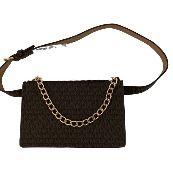 Michael Kors Brown Signature Belt Bag Fanny Pack Gold Chain 7571 NWT Women Small - Picture 1 of 10